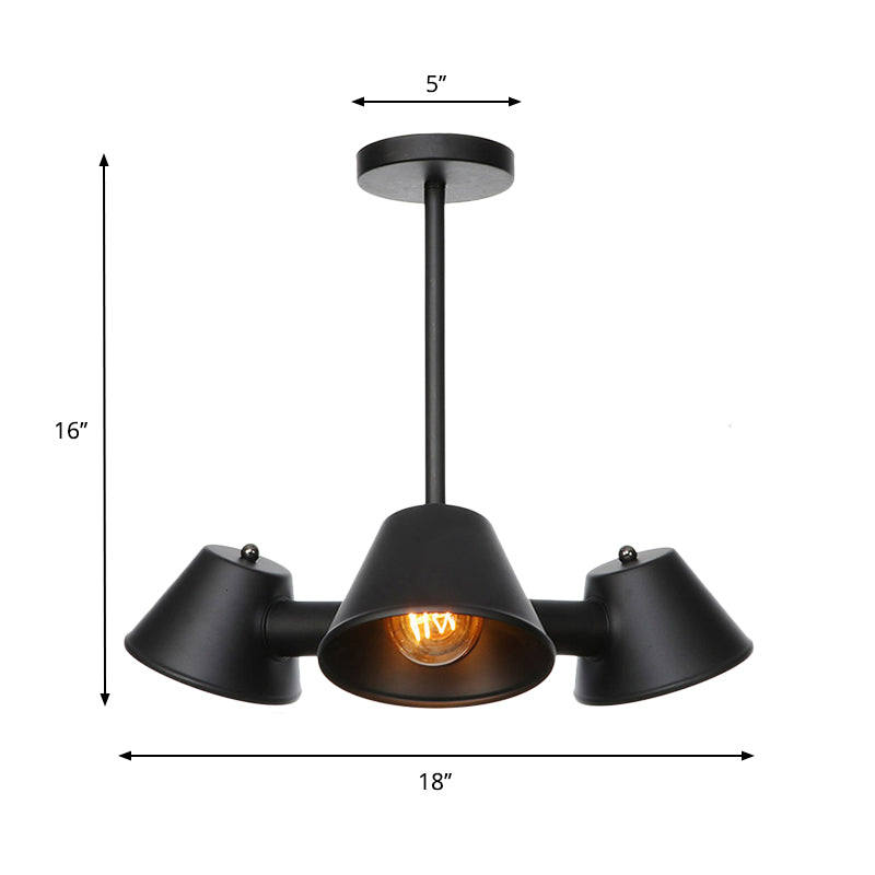 3 Lights Indoor Chandelier Lighting Fixture Industrial Stylish Black Ceiling Lamp with Conical Metal Shade