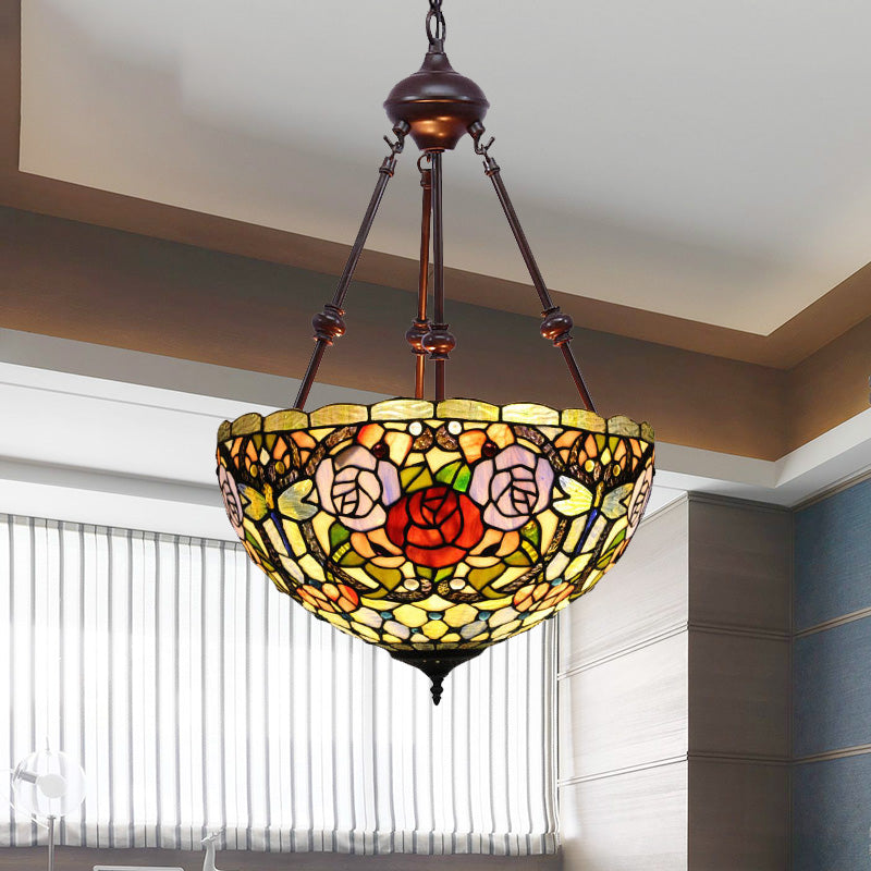 2 Lights Flower Bush Chandelier Lamp Tiffany Stylish Red/Yellow/Purple Stained Glass Pendant Light