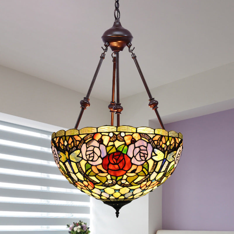 2 Lights Flower Bush Chandelier Lamp Tiffany Stylish Red/Yellow/Purple Stained Glass Pendant Light