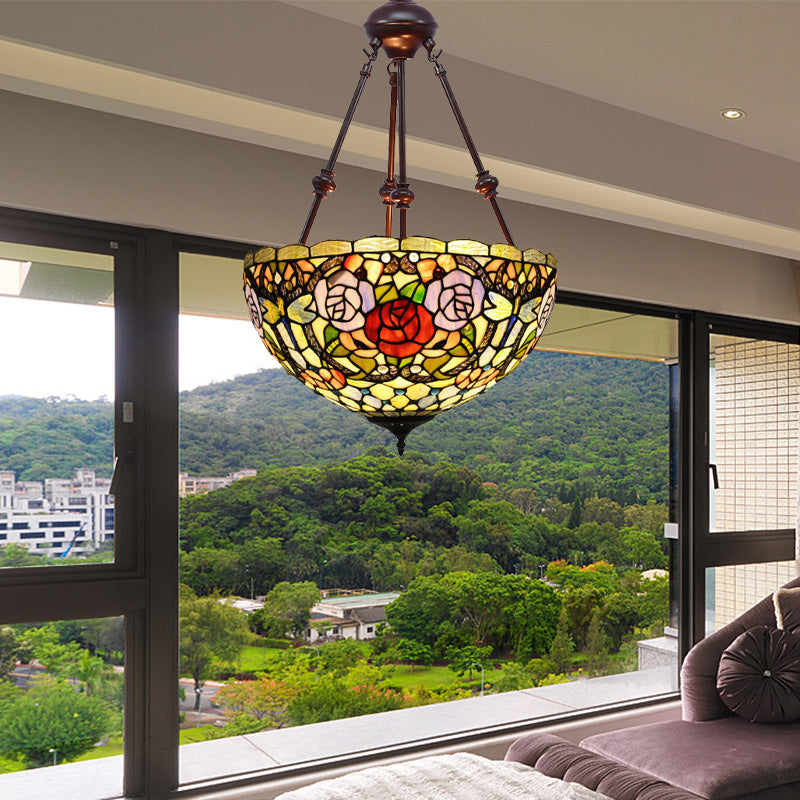 2 Lights Flower Bush Chandelier Lamp Tiffany Stylish Red/Yellow/Purple Stained Glass Pendant Light