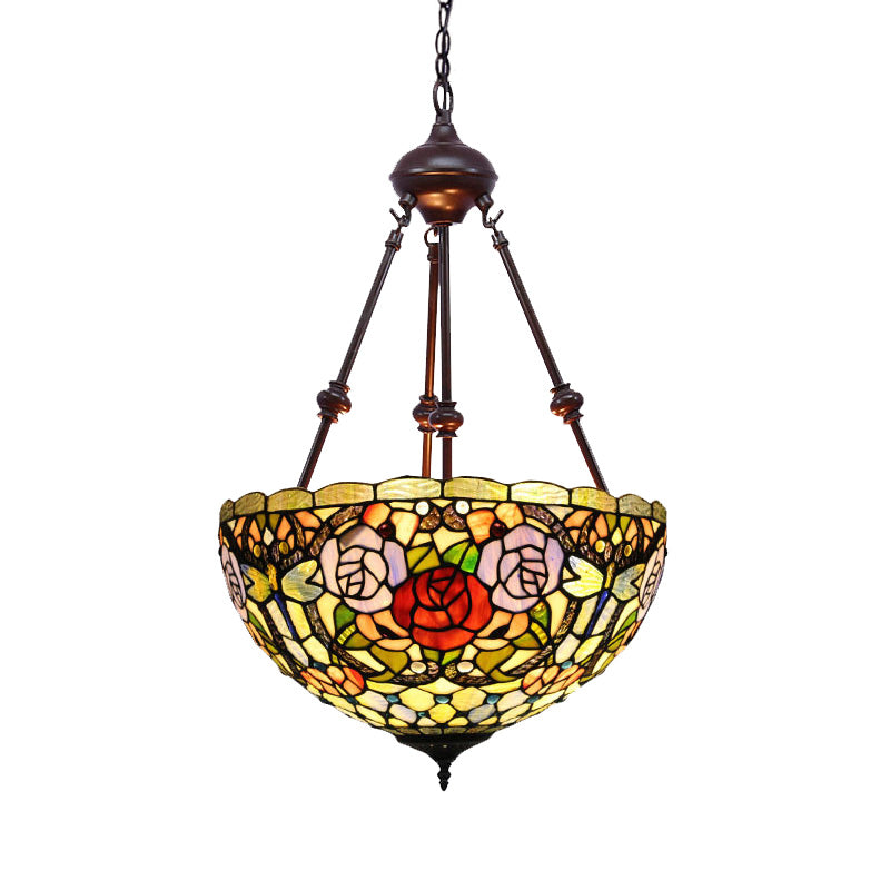 2 Lights Flower Bush Chandelier Lamp Tiffany Stylish Red/Yellow/Purple Stained Glass Pendant Light