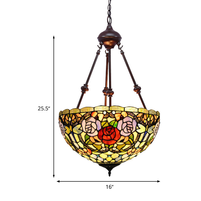 2 Lights Flower Bush Chandelier Lamp Tiffany Stylish Red/Yellow/Purple Stained Glass Pendant Light