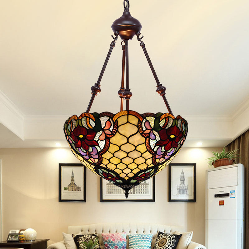 2 Lights Flower Bush Chandelier Lamp Tiffany Stylish Red/Yellow/Purple Stained Glass Pendant Light