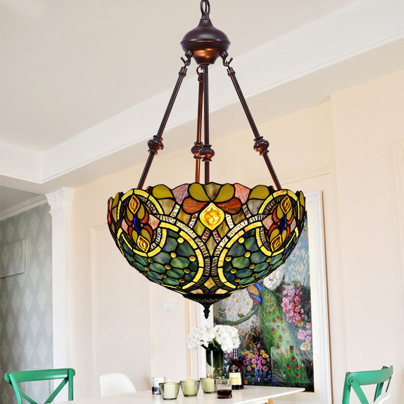 2 Lights Flower Bush Chandelier Lamp Tiffany Stylish Red/Yellow/Purple Stained Glass Pendant Light