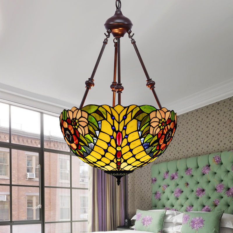 2 Lights Flower Bush Chandelier Lamp Tiffany Stylish Red/Yellow/Purple Stained Glass Pendant Light