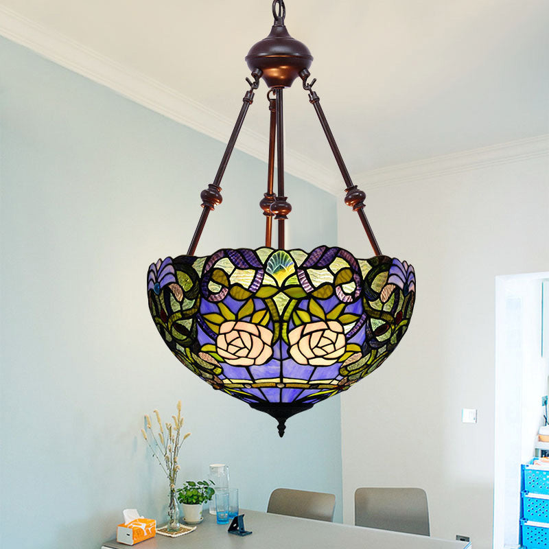 2 Lights Flower Bush Chandelier Lamp Tiffany Stylish Red/Yellow/Purple Stained Glass Pendant Light