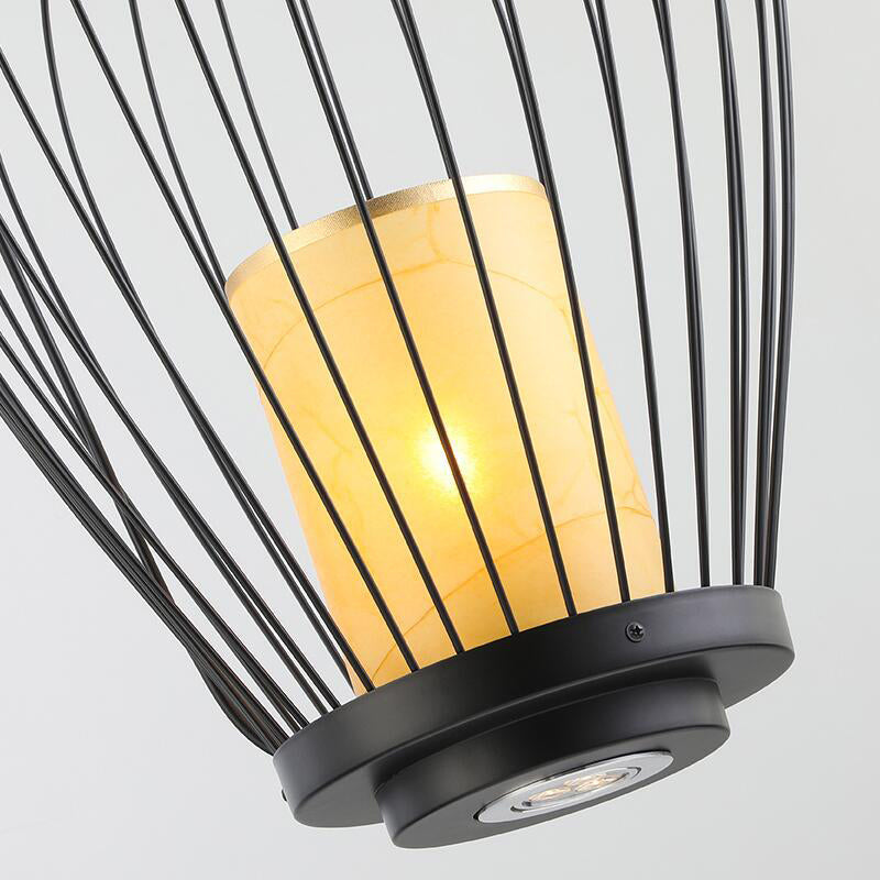 Caged Dining Room Ceiling Lighting Metal 14"/18" W 1 Head Modern Style Suspension Lamp with Cylinder Fabric Shade