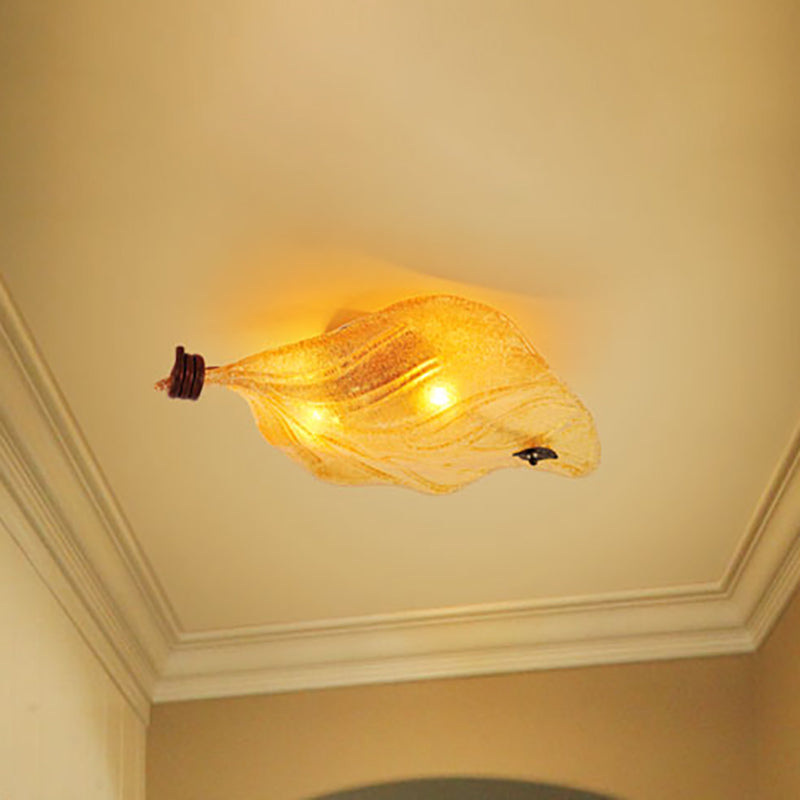 Countryside Leaf Shaped Ceiling Flush Mount Yellow Glass 2 Lights Hallway Flush-Mount Light Fixture