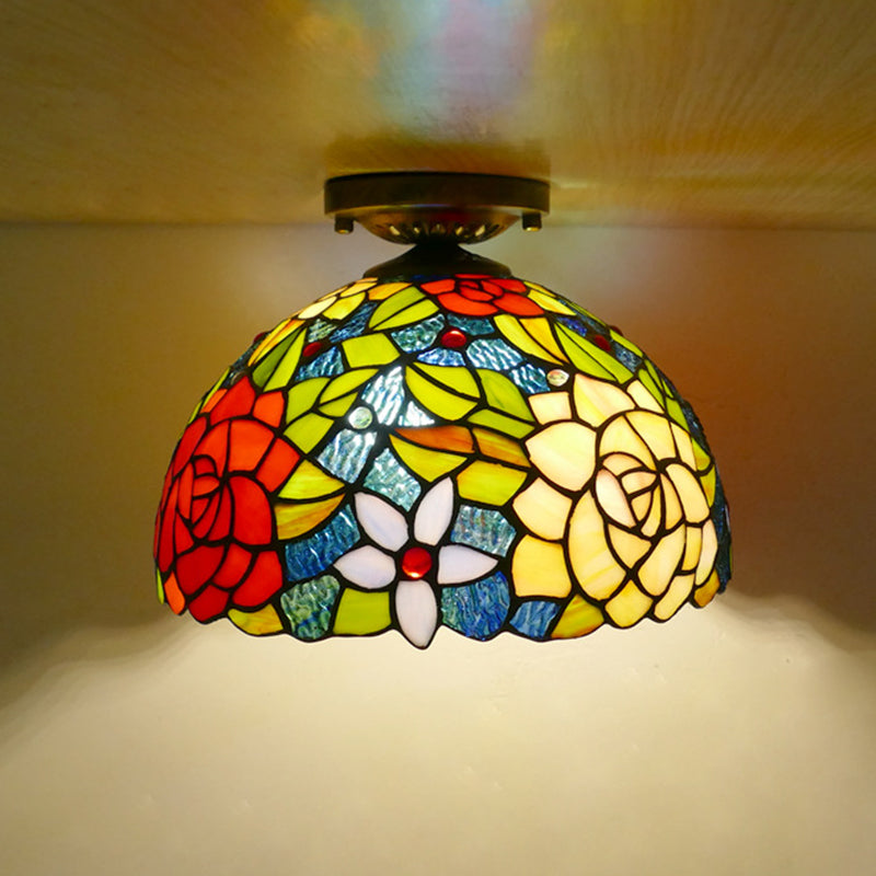 Flower Semi Flush Mount Light Fixture 1 Light Stained Glass Tiffany-Style Ceiling Mount Light Fixture