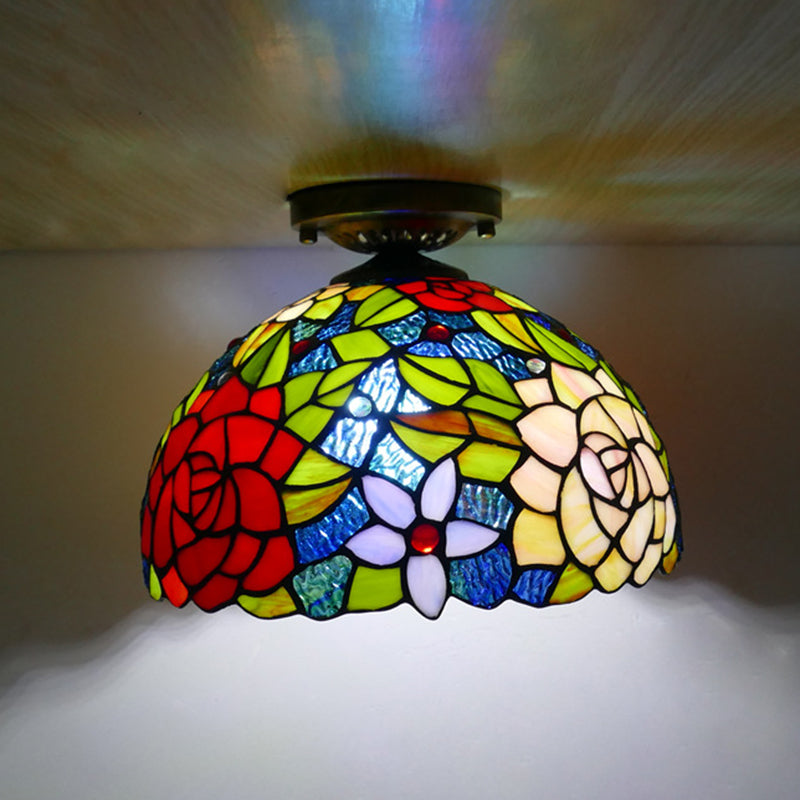 Flower Semi Flush Mount Light Fixture 1 Light Stained Glass Tiffany-Style Ceiling Mount Light Fixture