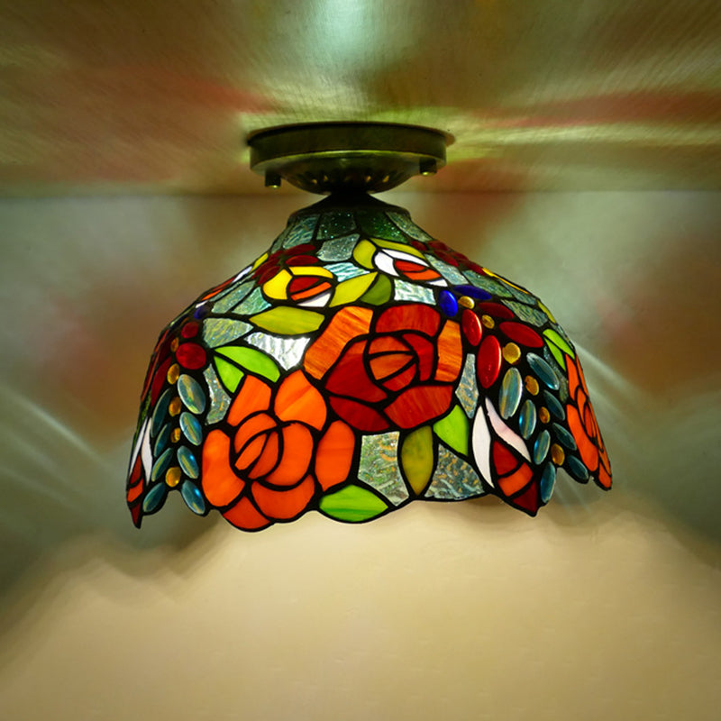 Flower Semi Flush Mount Light Fixture 1 Light Stained Glass Tiffany-Style Ceiling Mount Light Fixture