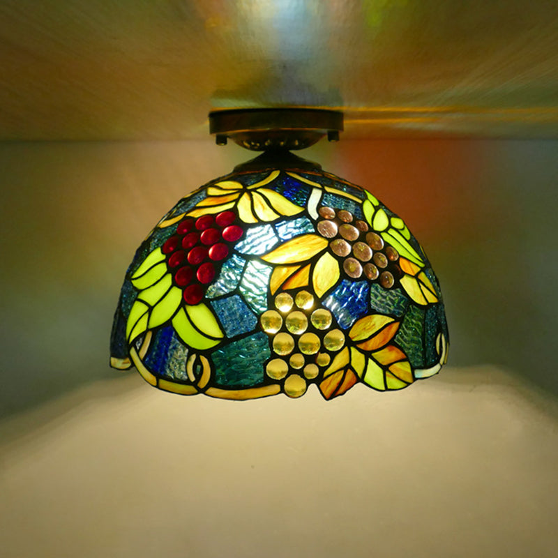 Flower Semi Flush Mount Light Fixture 1 Light Stained Glass Tiffany-Style Ceiling Mount Light Fixture