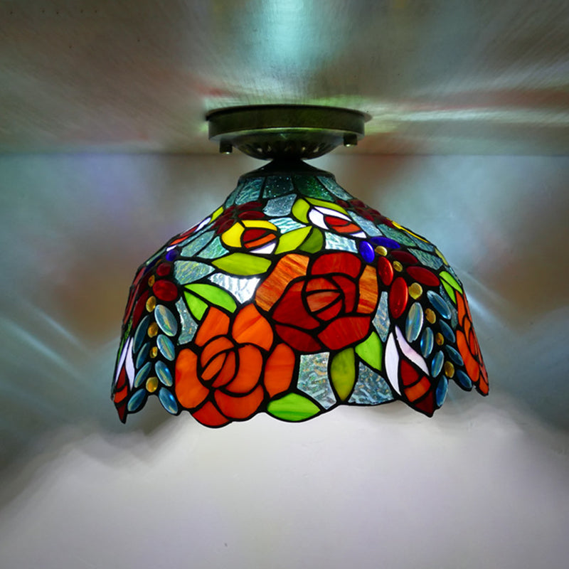 Flower Semi Flush Mount Light Fixture 1 Light Stained Glass Tiffany-Style Ceiling Mount Light Fixture