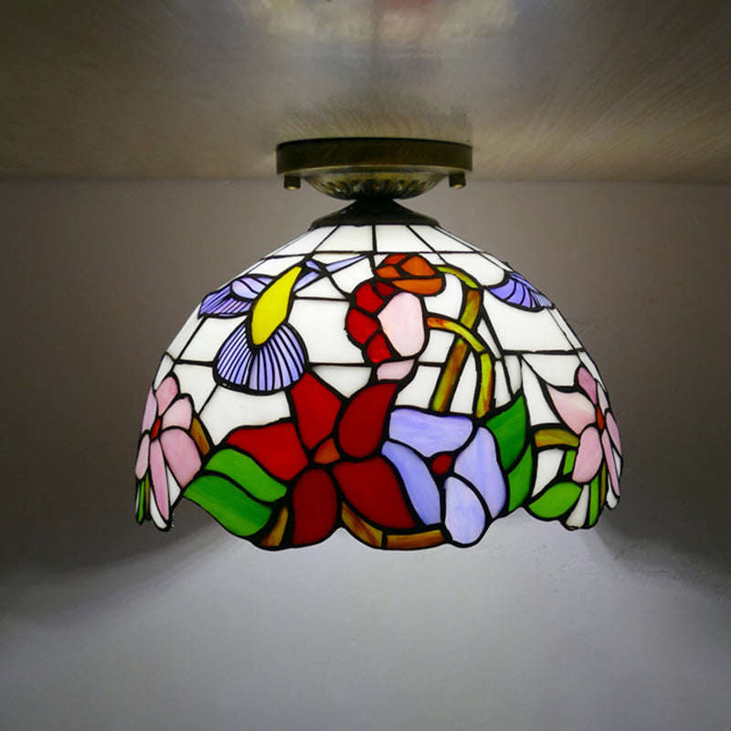 Flower Semi Flush Mount Light Fixture 1 Light Stained Glass Tiffany-Style Ceiling Mount Light Fixture