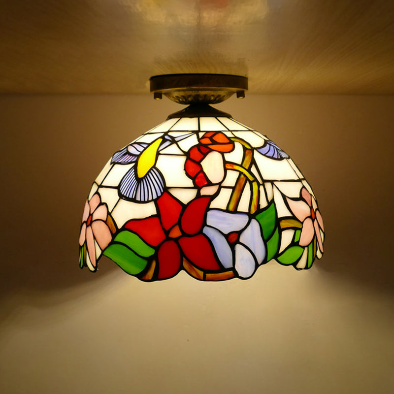 Flower Semi Flush Mount Light Fixture 1 Light Stained Glass Tiffany-Style Ceiling Mount Light Fixture