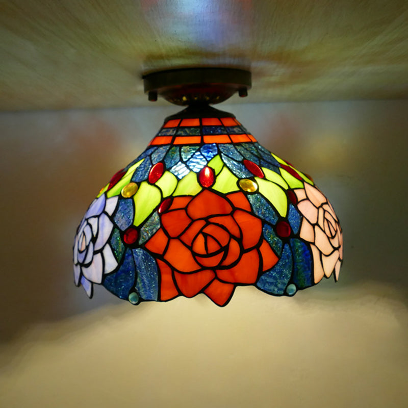 Flower Semi Flush Mount Light Fixture 1 Light Stained Glass Tiffany-Style Ceiling Mount Light Fixture