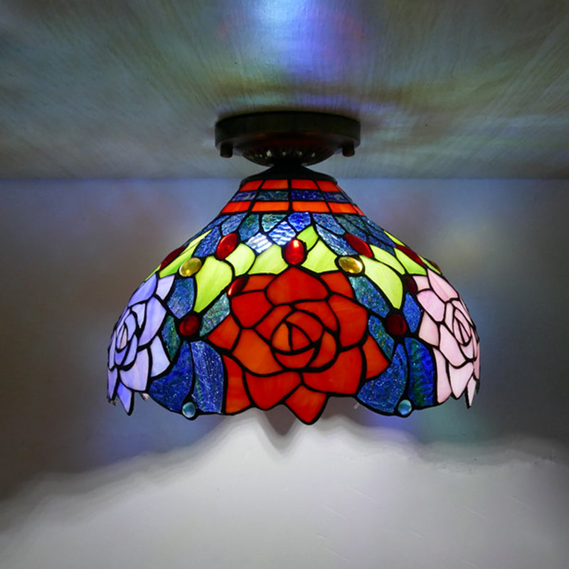 Flower Semi Flush Mount Light Fixture 1 Light Stained Glass Tiffany-Style Ceiling Mount Light Fixture