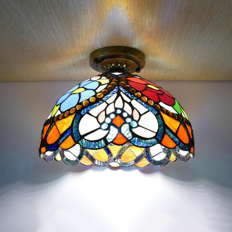 Flower Semi Flush Mount Light Fixture 1 Light Stained Glass Tiffany-Style Ceiling Mount Light Fixture