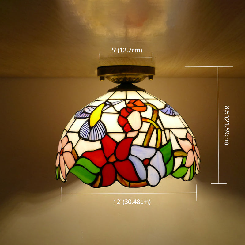 Flower Semi Flush Mount Light Fixture 1 Light Stained Glass Tiffany-Style Ceiling Mount Light Fixture