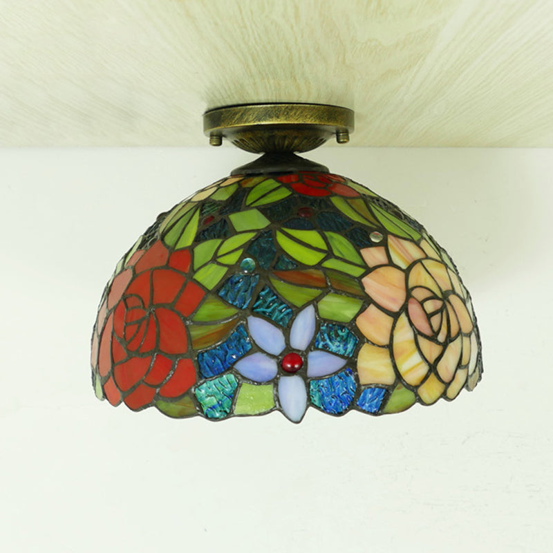 Flower Semi Flush Mount Light Fixture 1 Light Stained Glass Tiffany-Style Ceiling Mount Light Fixture