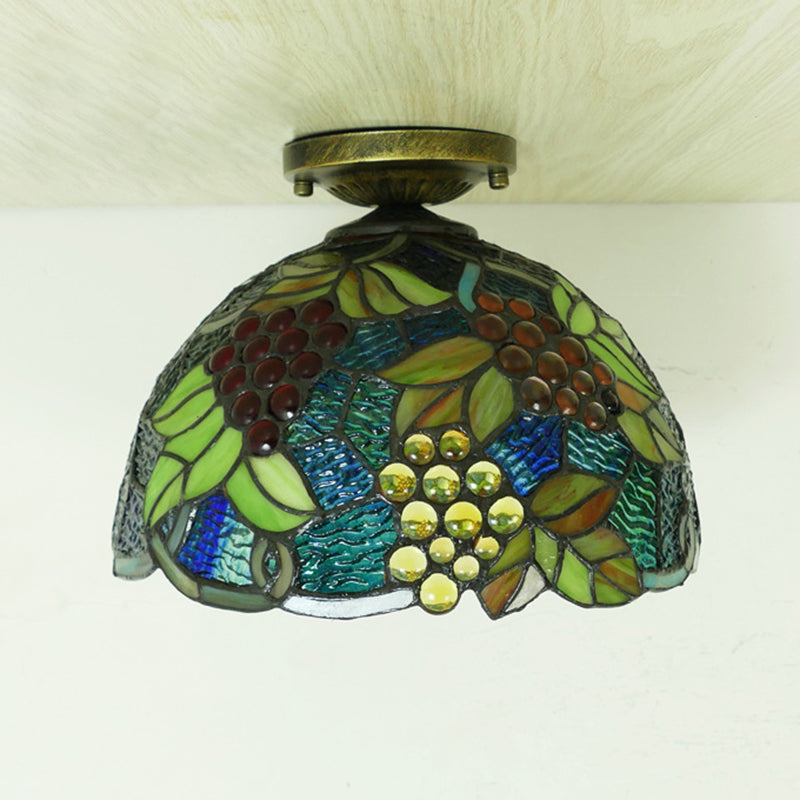 Flower Semi Flush Mount Light Fixture 1 Light Stained Glass Tiffany-Style Ceiling Mount Light Fixture