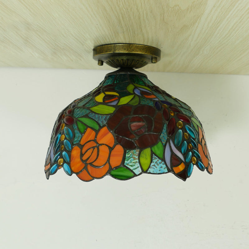 Flower Semi Flush Mount Light Fixture 1 Light Stained Glass Tiffany-Style Ceiling Mount Light Fixture