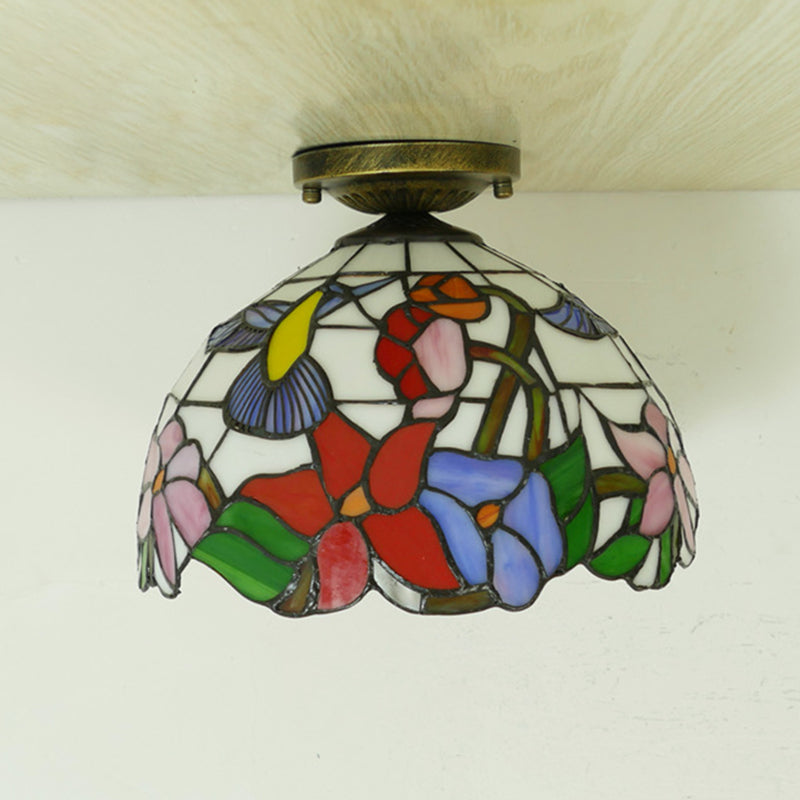 Flower Semi Flush Mount Light Fixture 1 Light Stained Glass Tiffany-Style Ceiling Mount Light Fixture