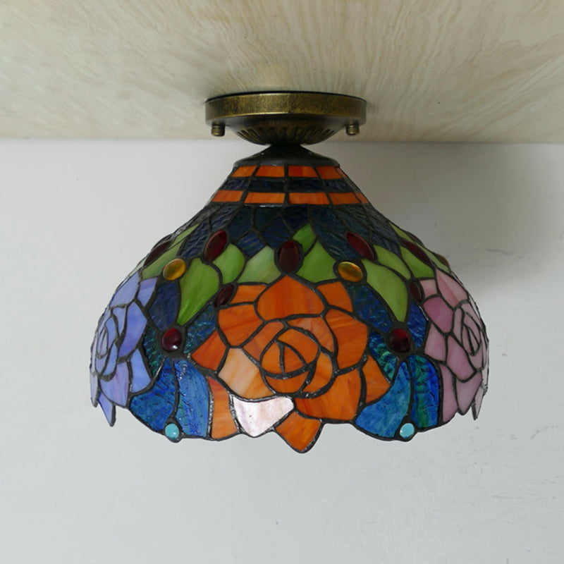 Flower Semi Flush Mount Light Fixture 1 Light Stained Glass Tiffany-Style Ceiling Mount Light Fixture