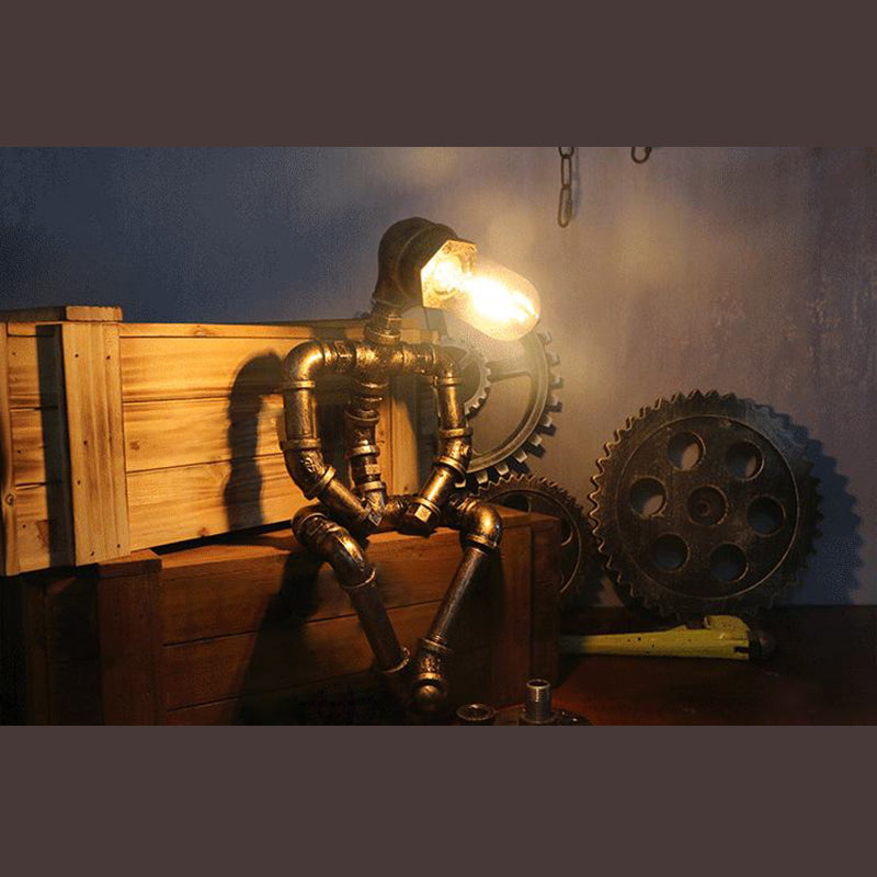 Antique Brass Pipe Night Lamp Industrial Style Wrought Iron Bedroom Table Light