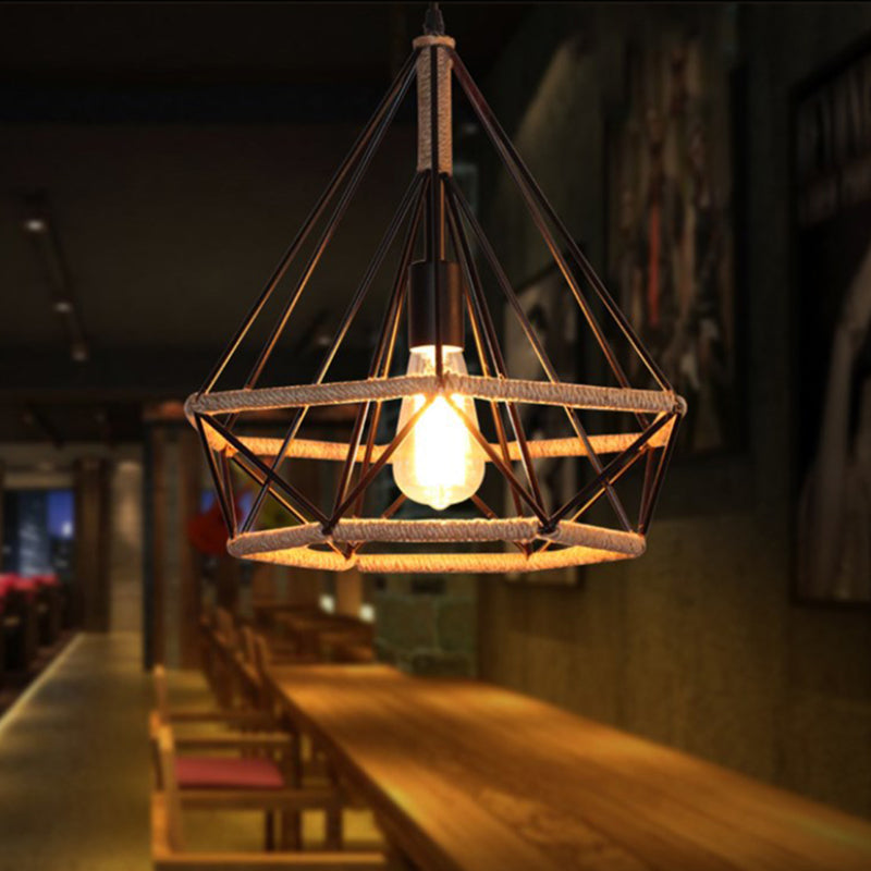 Rope Diamond Pendant Lighting Fixture Vintage Style Restaurant Hanging Pendant Light in Black