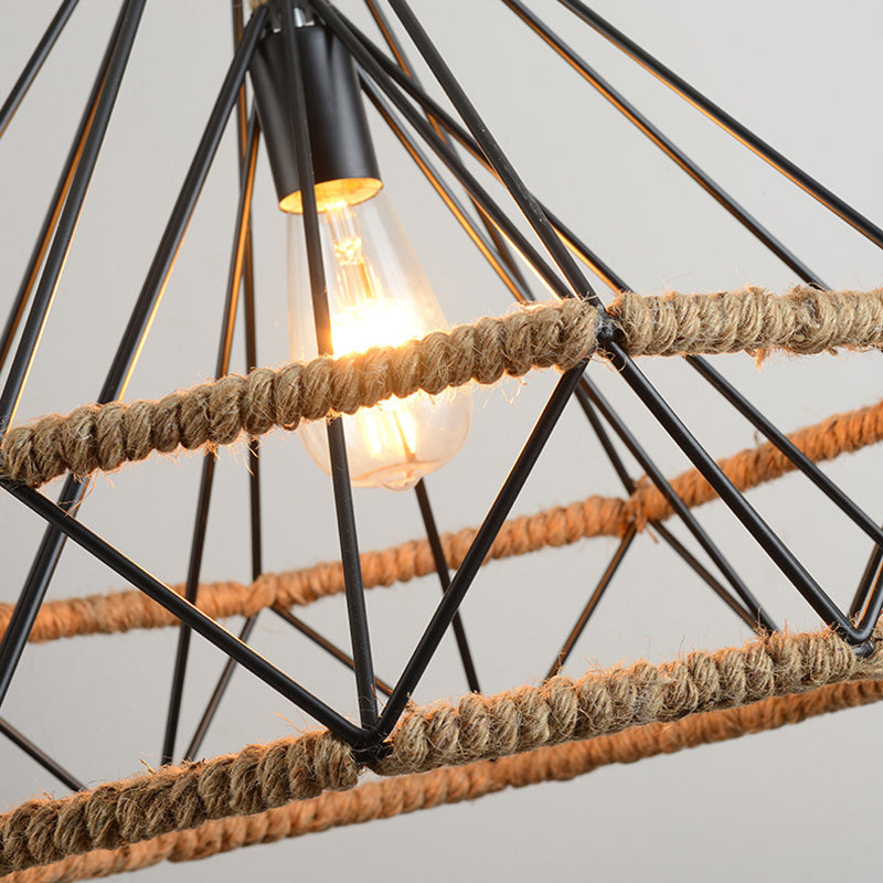 Rope Diamond Pendant Lighting Fixture Vintage Style Restaurant Hanging Pendant Light in Black