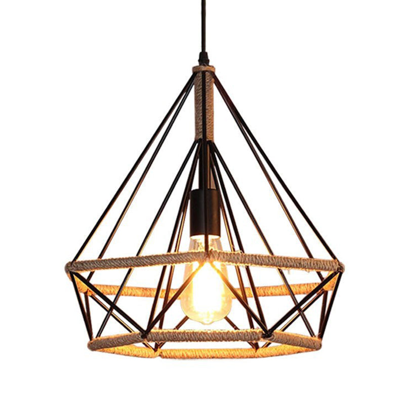 Rope Diamond Pendant Lighting Fixture Vintage Style Restaurant Hanging Pendant Light in Black