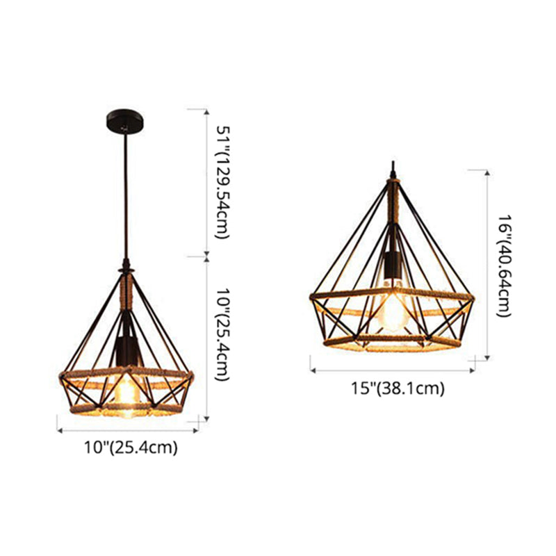 Rope Diamond Pendant Lighting Fixture Vintage Style Restaurant Hanging Pendant Light in Black