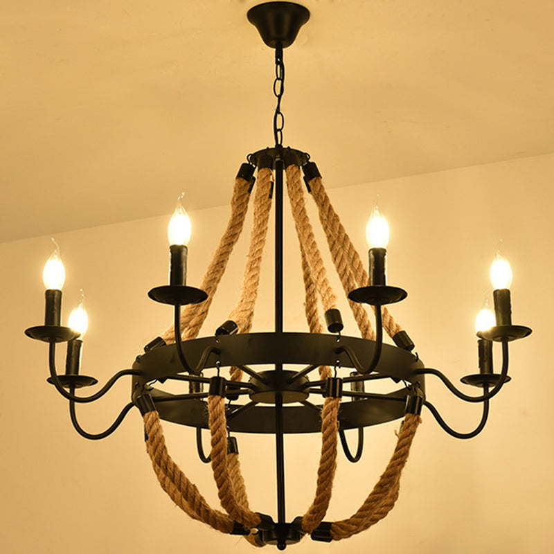 Black Wagon Wheel Hanging Chandelier Industrial Rope Restaurant Ceiling Hung Fixture