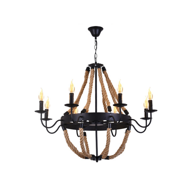 Black Wagon Wheel Hanging Chandelier Industrial Rope Restaurant Ceiling Hung Fixture