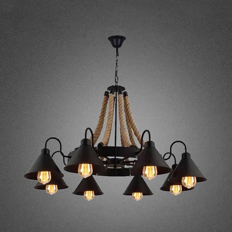 Black Wagon Wheel Hanging Chandelier Industrial Rope Restaurant Ceiling Hung Fixture