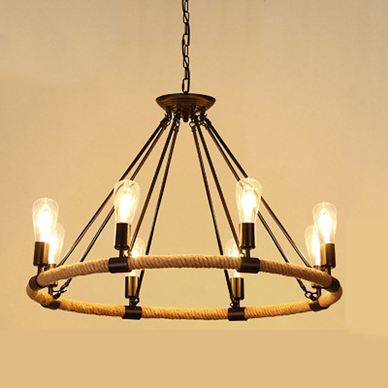 Chandelier Pendant Light Industrial Circular Rope Hanging Pendant Light in Black