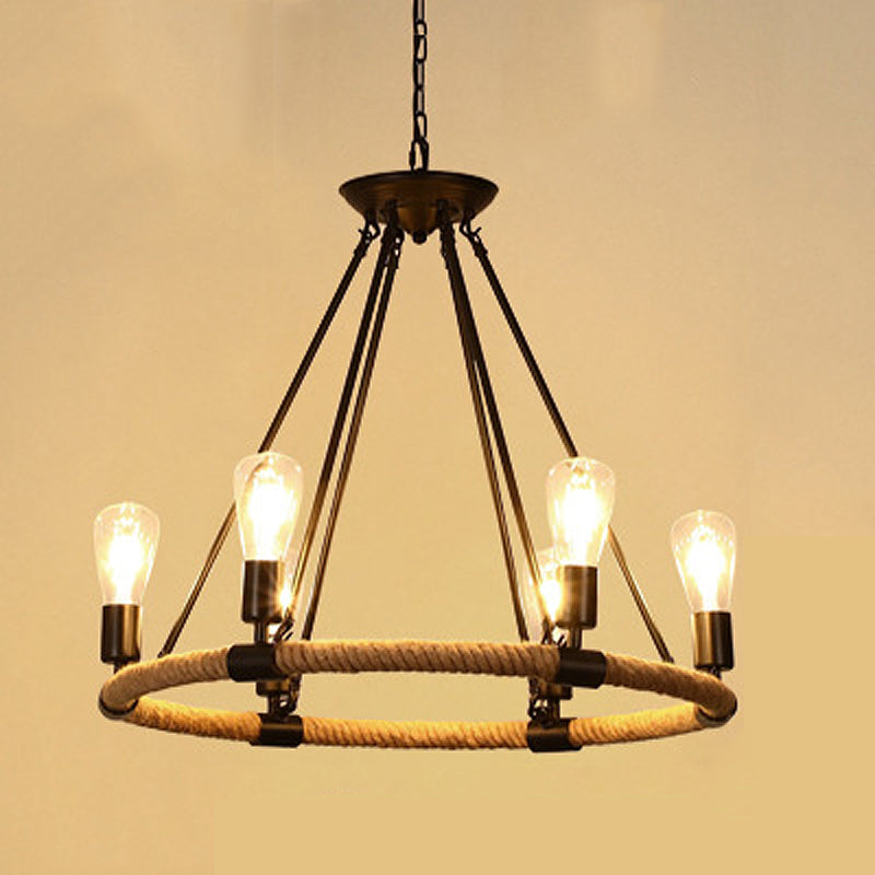 Chandelier Pendant Light Industrial Circular Rope Hanging Pendant Light in Black