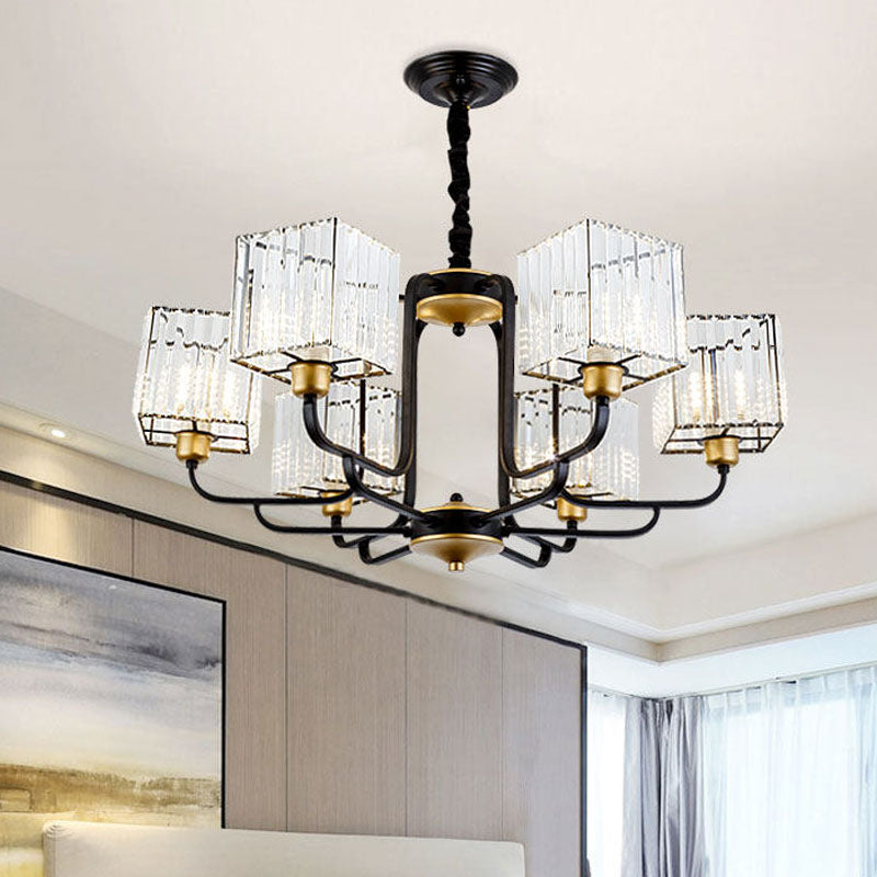 Square Pendant Chandelier Modernism Crystal 4/6/8 Bulbs Black Hanging Light Fixture, 26"/34"/36" Wide