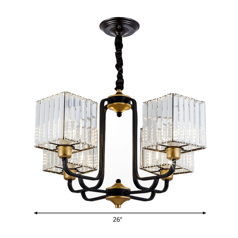 Square Pendant Chandelier Modernism Crystal 4/6/8 Bulbs Black Hanging Light Fixture, 26"/34"/36" Wide