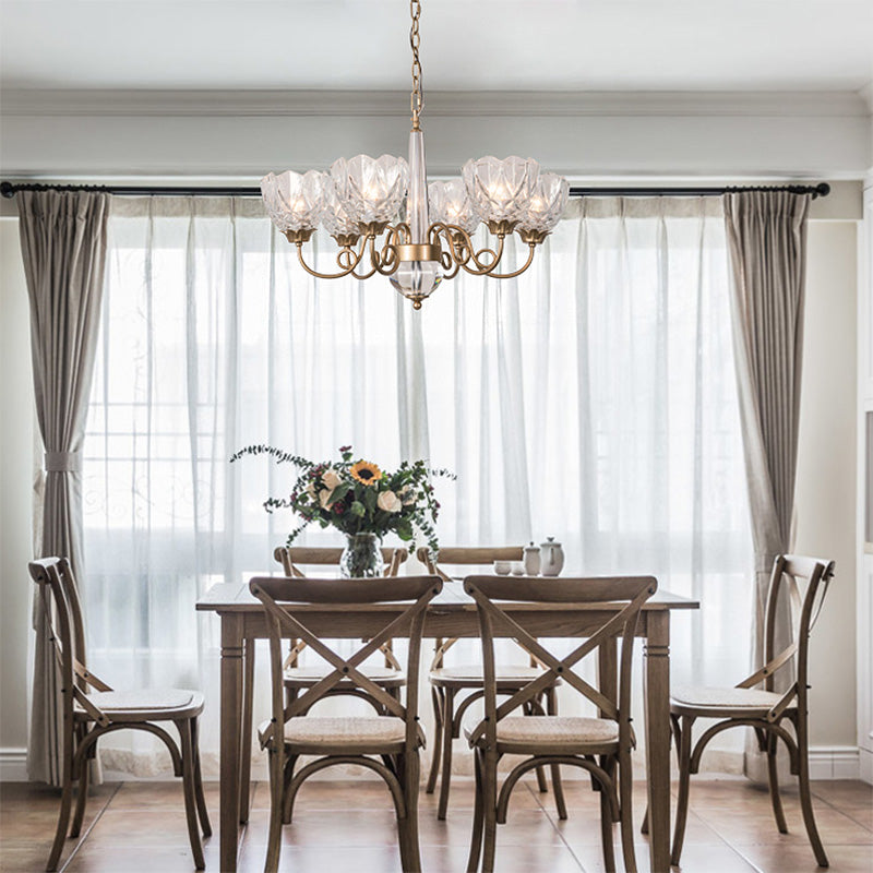 Brass Bowl Pendant Chandelier Contemporary 6 Heads Clear Glass Ceiling Hanging Light with Curved Metal Arm