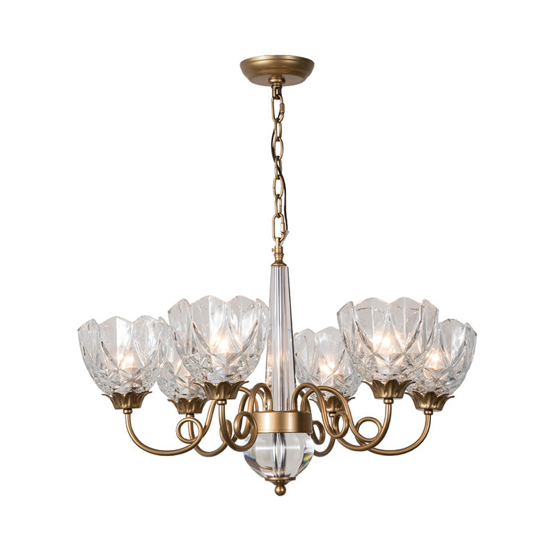 Brass Bowl Pendant Chandelier Contemporary 6 Heads Clear Glass Ceiling Hanging Light with Curved Metal Arm