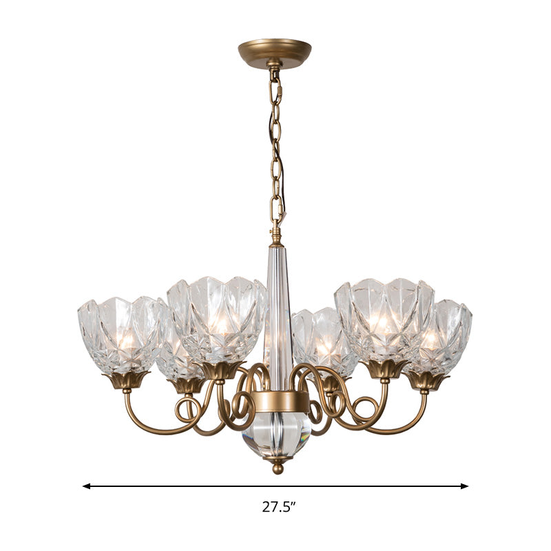 Brass Bowl Pendant Chandelier Contemporary 6 Heads Clear Glass Ceiling Hanging Light with Curved Metal Arm