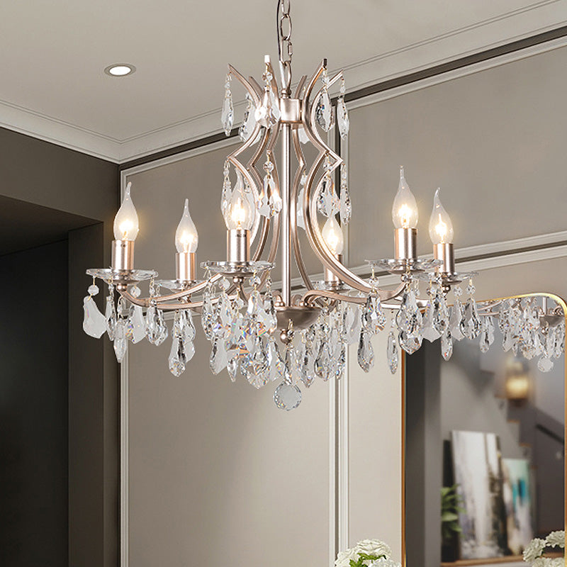 Crystal Droplet Chandelier Lamp Modern 6 Heads Satin Nickel Suspension Pendant Light for Bedroom