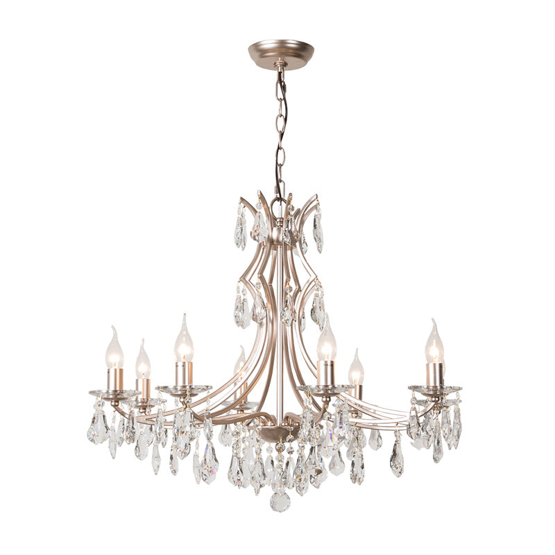 Crystal Droplet Chandelier Lamp Modern 6 Heads Satin Nickel Suspension Pendant Light for Bedroom