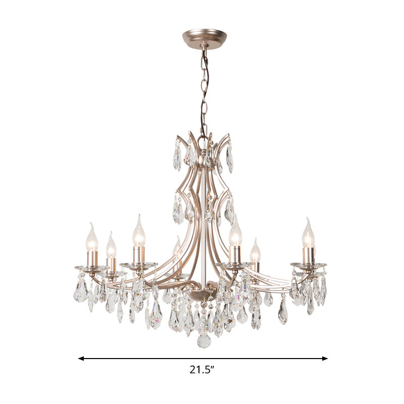 Crystal Droplet Chandelier Lamp Modern 6 Heads Satin Nickel Suspension Pendant Light for Bedroom