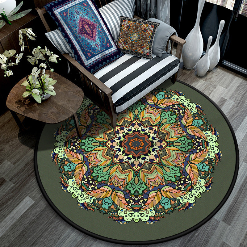 Exotic Flower Print Rug Moroccan Classic Round Rug Polyester Anti-Slip Backing Carpet for Home Decor