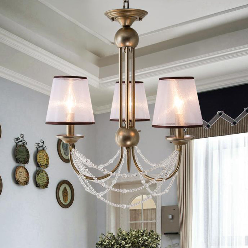 Conical Pendant Chandelier Contemporary Fabric 3/6 Bulbs Brass Hanging Light Fixture with Crystal Bead, 21"/28" Wide