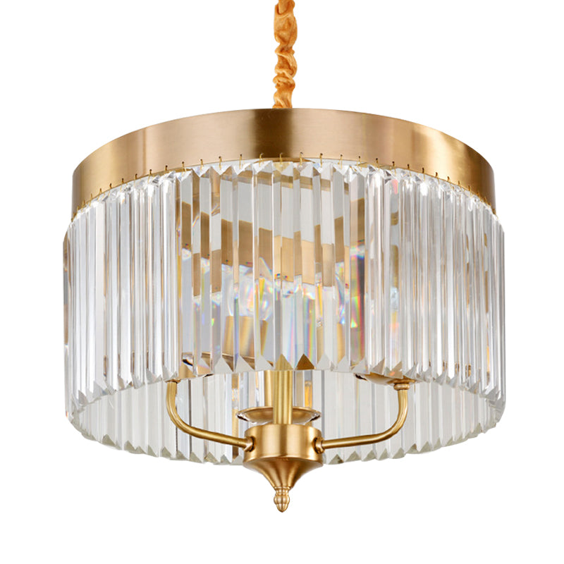 Contemporary Drum Pendant Chandelier Faceted Crystal 3 Bulbs Ceiling Hanging Light in Brass