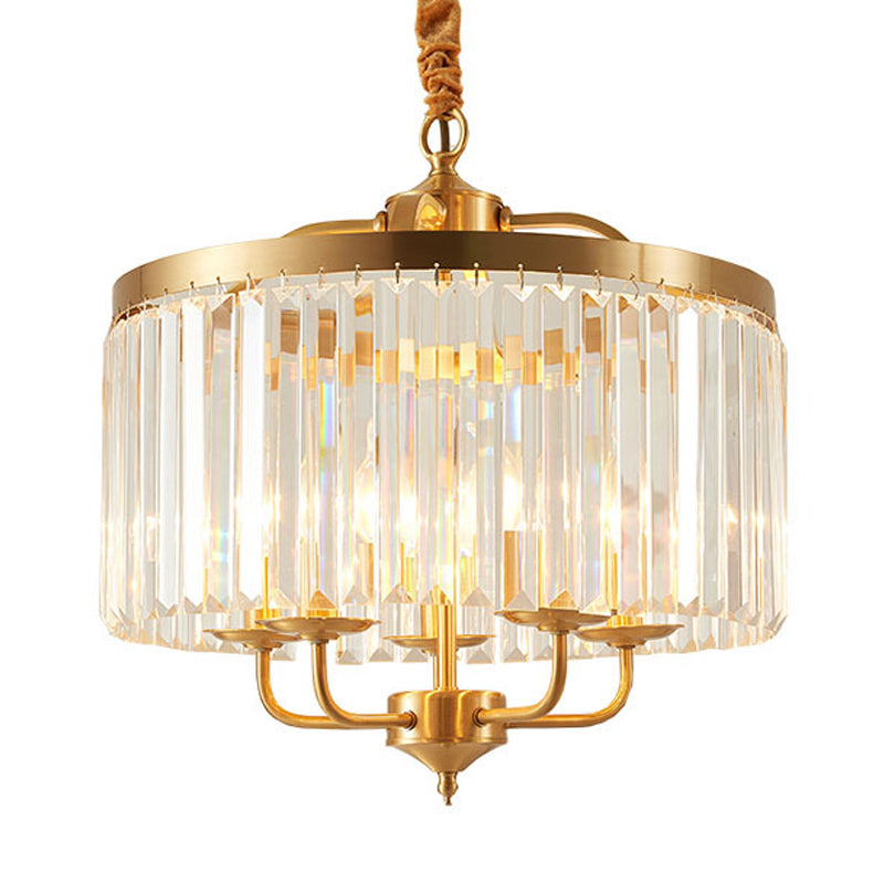 Crystal Cylinder Chandelier Lighting Modernist 4 Heads Hanging Pendant Light in Brass with Curved Metal Arm